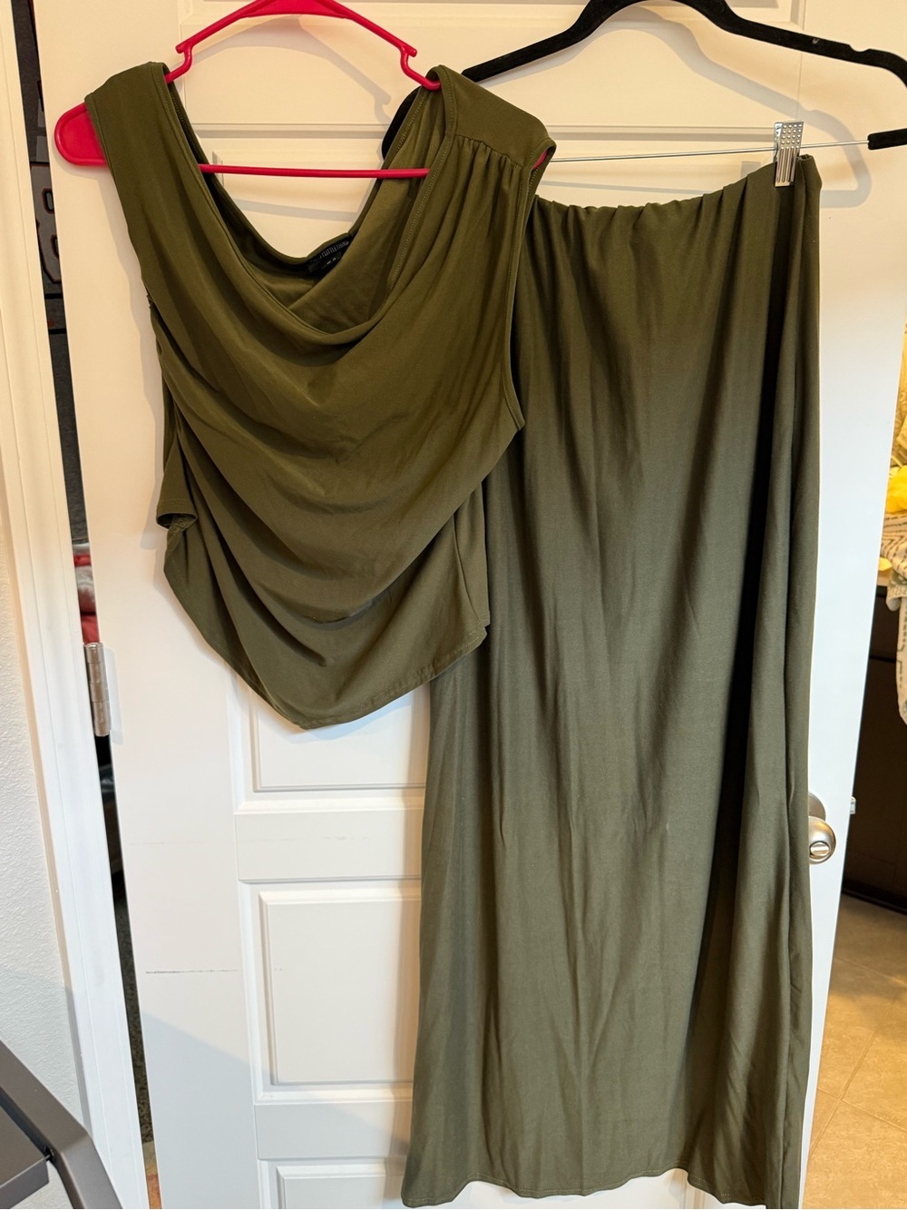 Boohoo Olive Green Two-Piece Draped Top & Maxi Skirt Set